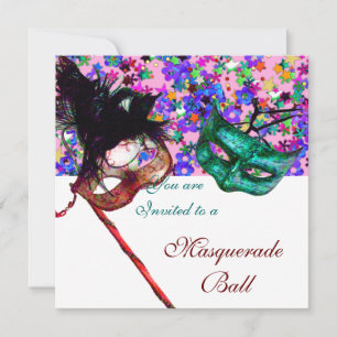 KARNEVAL MASQUERADE & KONFETTI weiß rosa blau Einladung