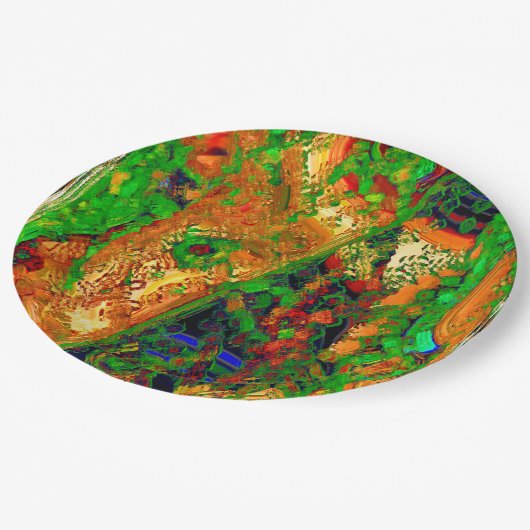 Karneval oder Party mit Maske, grün und orange Pappteller (Schrägansicht)