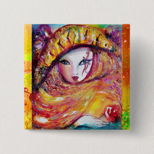 KARNEVALMASKEN IN GOLD GELB MIT ROTER ROSE BUTTON