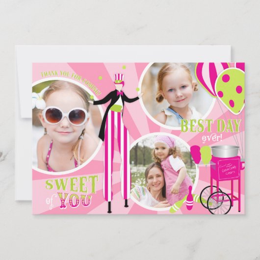 Karnevals-Stelze-Wanderer u. Zuckerwatte danken Dankeskarte (Vorderseite)