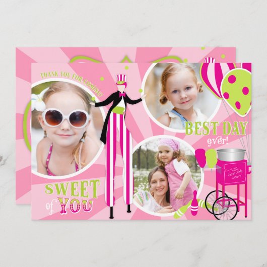 Karnevals-Stelze-Wanderer u. Zuckerwatte danken Dankeskarte (Vorne/Hinten)