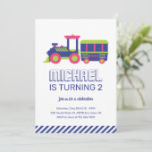 Karnevalszug Blaue und grüne Kinder Jungen Geburts Einladung (Stehend Vorderseite)