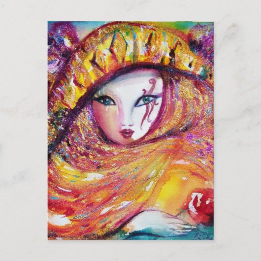 KARNIVALMASK IM GELBEN MIT ROTE ROSE POSTKARTE (Vorderseite)