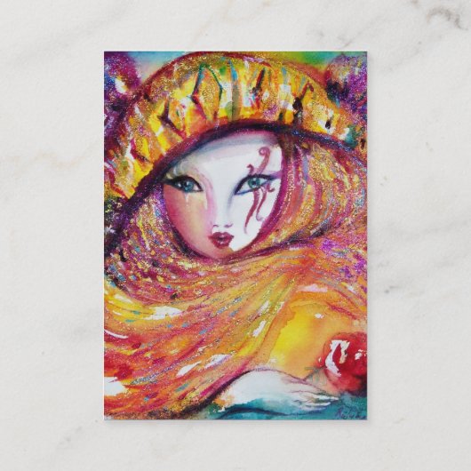 KARNIVALMASK IM GELBEN MIT ROTE ROSE VISITENKARTE (Rückseite)