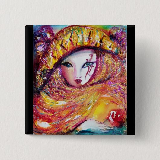 KARNIVALMASK IN GOLDGELB MIT ROTE ROSE BUTTON (Vorderseite)