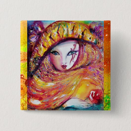 KARNIVALMASK IN GOLDGELB MIT ROTE ROSE BUTTON (Vorderseite)