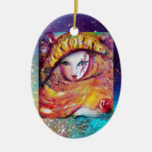 KARNIVALMASK IN GOLDGELB MIT ROTE ROSE KERAMIKORNAMENT (Vorne)