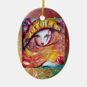 KARNIVALMASK IN GOLDGELB MIT ROTE ROSE KERAMIKORNAMENT