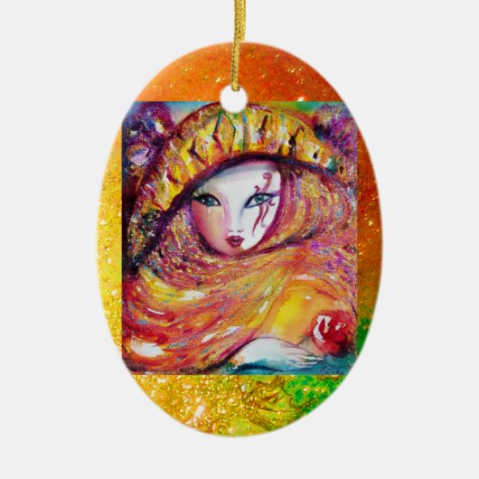 KARNIVALMASK IN GOLDGELB MIT ROTE ROSE KERAMIKORNAMENT (Vorne)