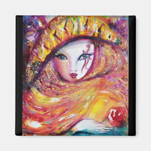 KARNIVALMASK IN GOLDGELB MIT ROTE ROSE MAGNET (Vorne)