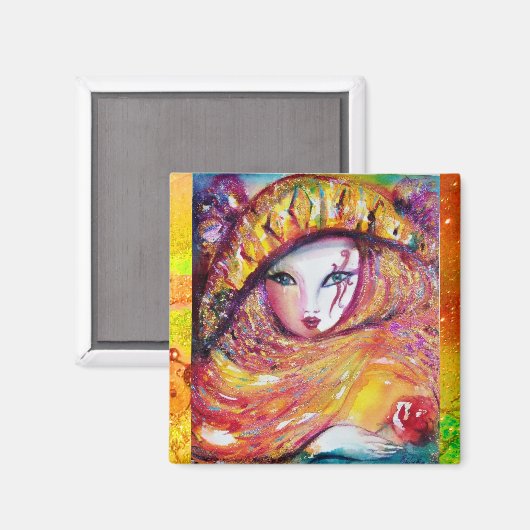 KARNIVALMASK IN GOLDGELB MIT ROTE ROSE MAGNET (Vorderseite/Rückseite)