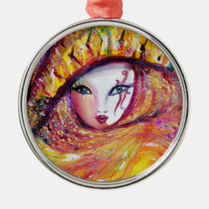 KARNIVALMASK IN GOLDGELB MIT ROTE ROSE ORNAMENT AUS METALL