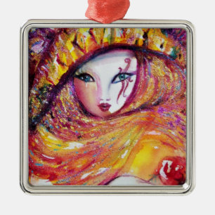 KARNIVALMASK IN GOLDGELB MIT ROTE ROSE SILBERNES ORNAMENT