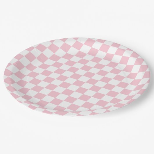 Karo Baby Pink und White Checkerboard Muster Pappteller (Schrägansicht)