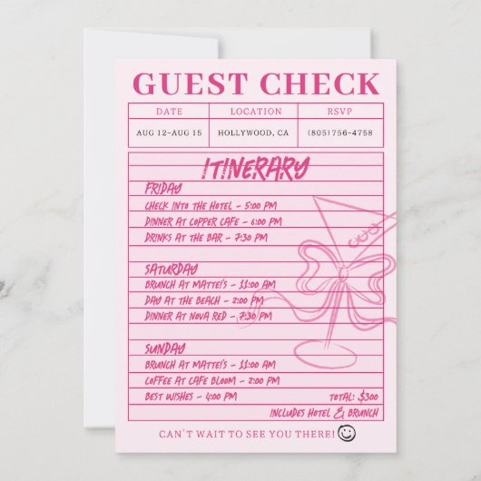 Karo Bachelorette Cocktails Einladung (Rückseite)