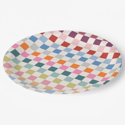Karo - farbenfrohe Prüfmuster Pappteller (Schrägansicht)
