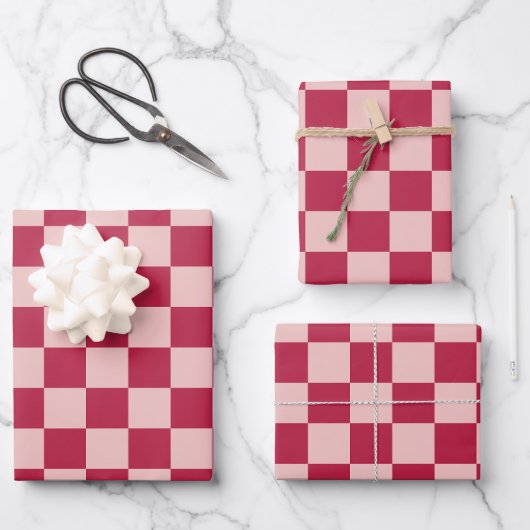 Karo Magenta und Peach Patchboard Geschenkpapier Set (Vorderseite)