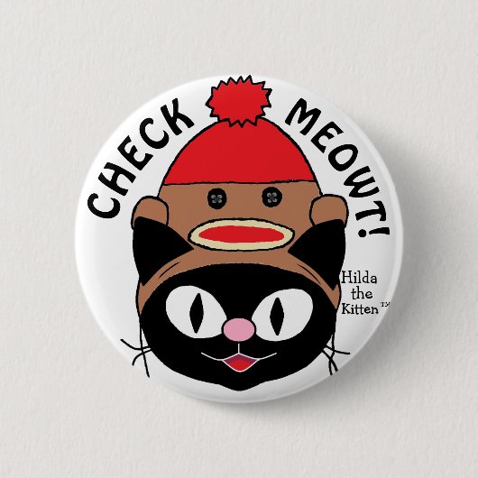 KARO MEOWT! Black Cartoon Cat mit Sock Monkey Hat Button (Vorderseite)