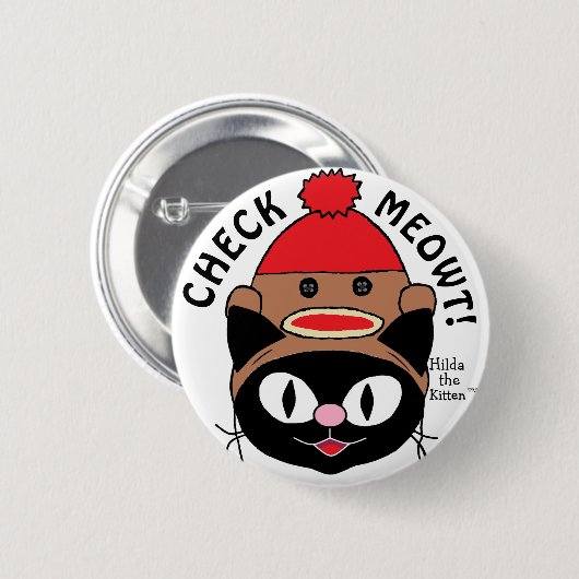 KARO MEOWT! Black Cartoon Cat mit Sock Monkey Hat Button (Vorne & Hinten)