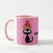 Karo Meowt! Cartoon Black Cat mit Sock-Affenhut Tasse (Links)