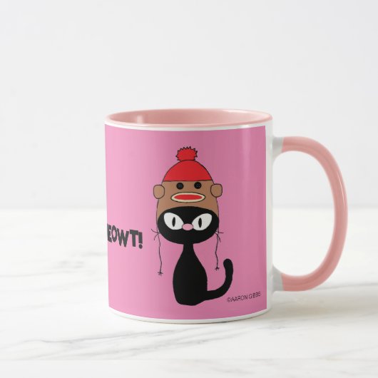Karo Meowt! Cartoon Black Cat mit Sock-Affenhut Tasse (Rechts)