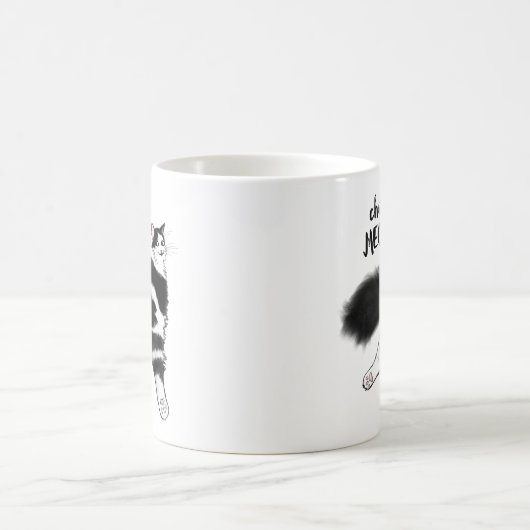 Karo Meowt! Funny Black and White Cat Sploot Kaffeetasse (Mittel)