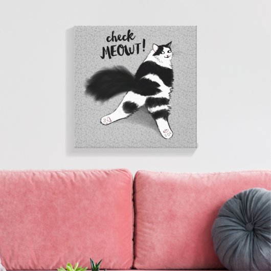 Karo Meowt! Funny Black and White Cat Sploot Leinwanddruck (Insitu (Wohnzimmer))