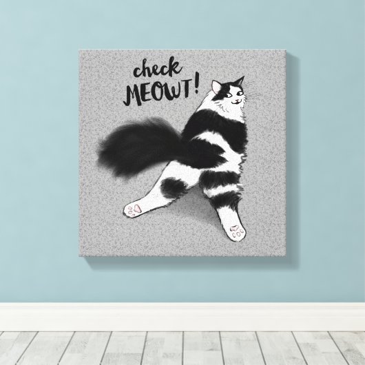Karo Meowt! Funny Black and White Cat Sploot Leinwanddruck (Insitu (Holzboden))