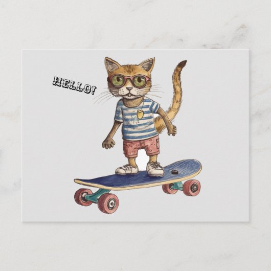 Karo Meowt! Funny Cat Skateboarding Postcard Postkarte (Vorderseite)