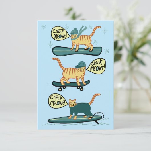 Karo Meowt! Skateboard Surfer Snowboard Cat Card (Stehend Vorderseite)