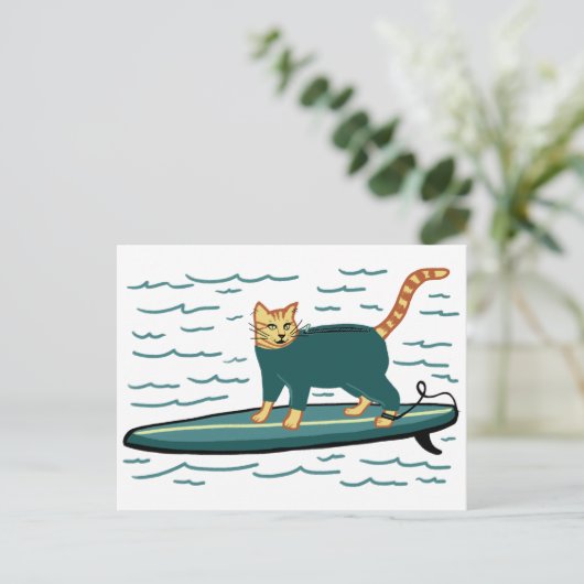 Karo Meowt! Surfer Tabby Cat CUSTOMIZE IT Postkarte (Stehend Vorderseite)
