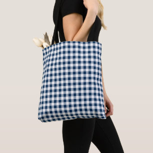 Karo Mittelnavy Blue und White Gingham Tasche