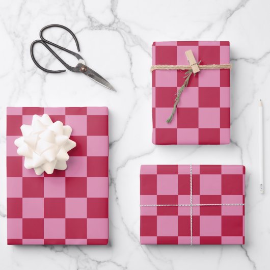 Karo Muster Magenta und rosa Geschenkpapier Set (Vorderseite)