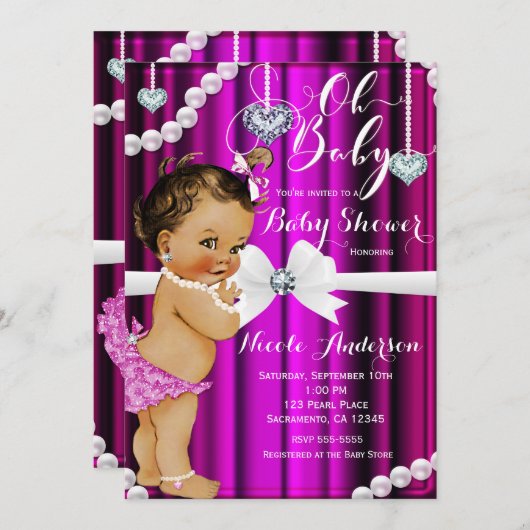 Karo & Pearls Vintage Pink-Babydusche Einladung (Vorne/Hinten)