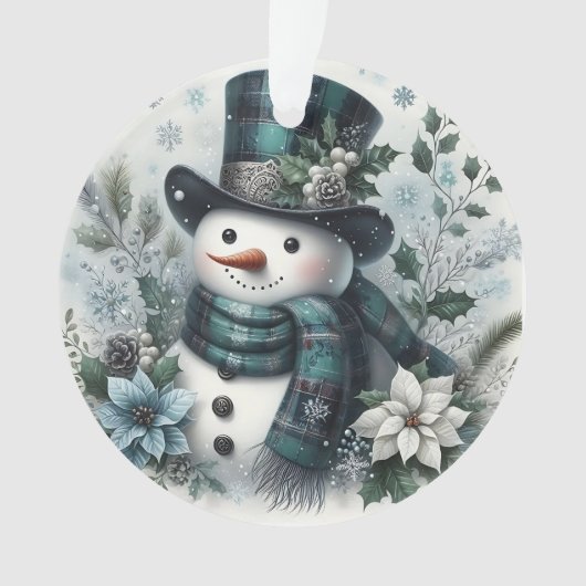 Karo-Schneemann mit Winterblumen und Stechpalmenak Ornament (Vorderseite)