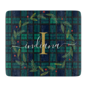 Karo-Schrift-Monogramm Botanischer Kranz Tartan Schneidebrett