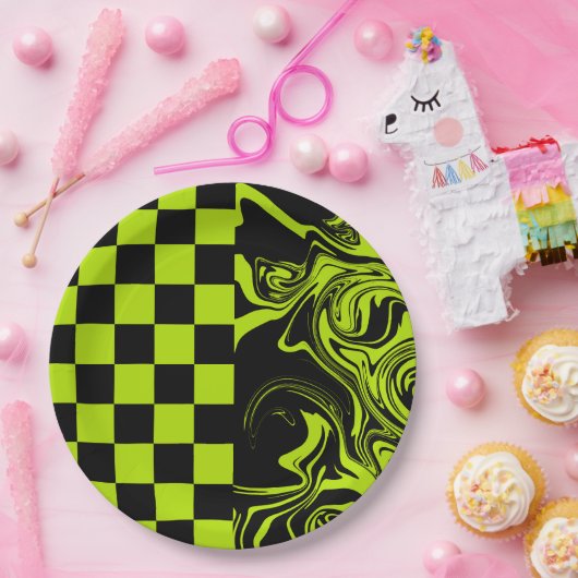 Karo und Wirbel - Kalkgrün und Schwarz Pappteller (Party)