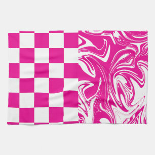 Karos und Wirbel in Magenta und White Geschirrtuch