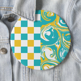 Karos und Wirbel in Türkis, Gelb und Weiß Button