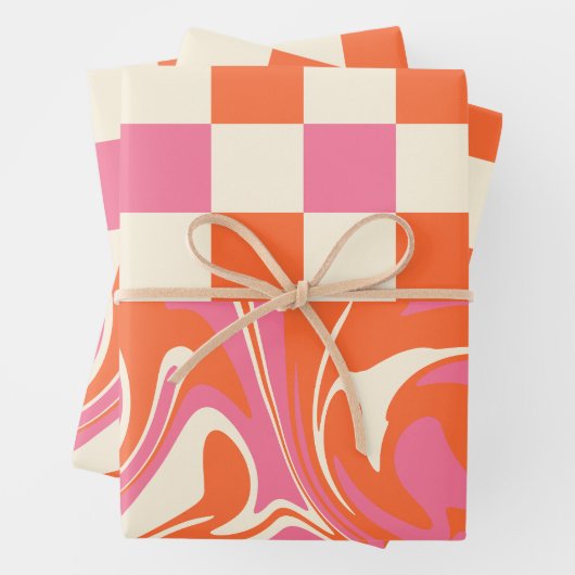 Karos und Wirbel - Rosa, Orange und Creme Geschenkpapier Set (Beispiel)