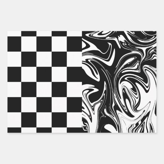 Karos und Wirbel - Schwarz und Weiß Geschenkpapier Set (Vorderseite)