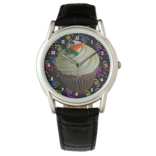 Karottenkuchen-Cupcake- & Konfetti-Schwarze-Lederu Armbanduhr