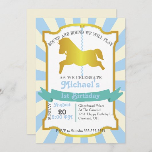 Karousel Geburtstagsparty Einladung (blau) (Vorne/Hinten)