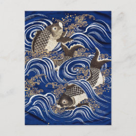 Karpfen in Waves Japanisch Koi Fish Seidenbandkuns Postkarte