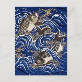 Karpfen in Waves Japanisch Koi Fish Seidenbandkuns Postkarte