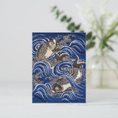 Karpfen in Waves Japanisch Koi Fish Seidenbandkuns Postkarte (Stehend Vorderseite)