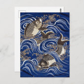 Karpfen in Waves Japanisch Koi Fish Seidenbandkuns Postkarte (Vorne/Hinten)
