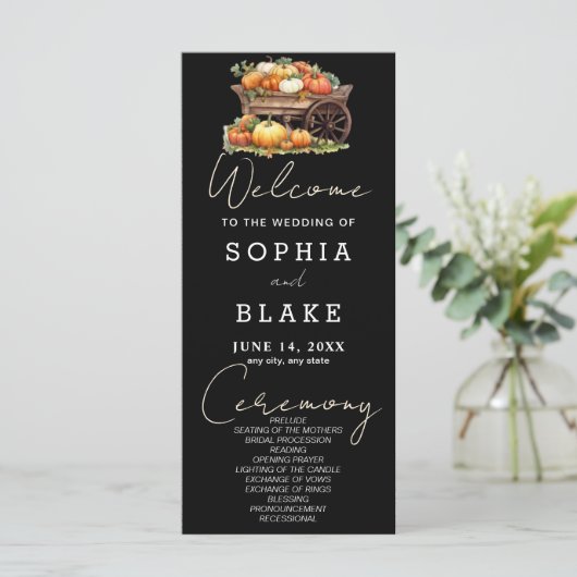 Kart von Pumpkins Fall Black Wedding Program (Stehend Vorderseite)