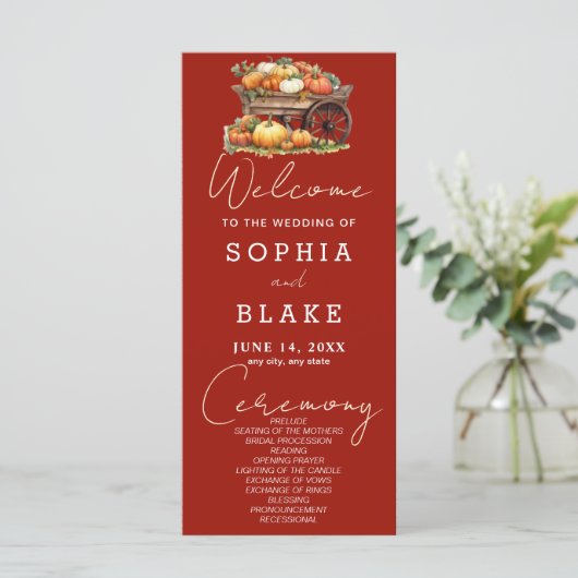 Kart von Pumpkins Fall Cherry Red Wedding Programm (Stehend Vorderseite)