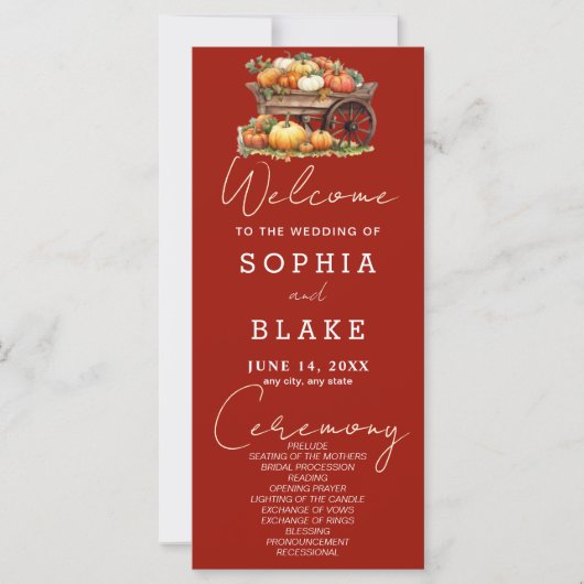 Kart von Pumpkins Fall Cherry Red Wedding Programm (Vorderseite)